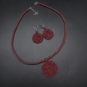MGI Sterling Silver Garnet Beaded Earrings Necklace Set 925